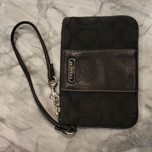 COACH wristlet black cloth and leather with purple liner